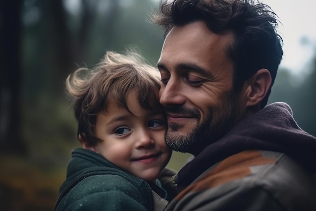 A man holding a child with his arms around his chest.