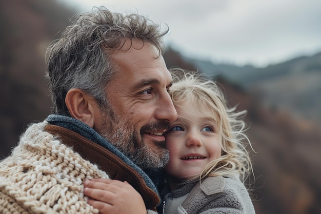 Photo a man holding a child with a jacket on his shoulders