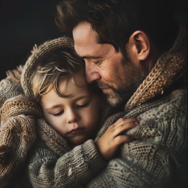 a man holding a child with a picture of a child