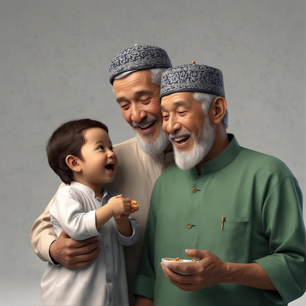 a man holding a child with a plate of food and a child holding food