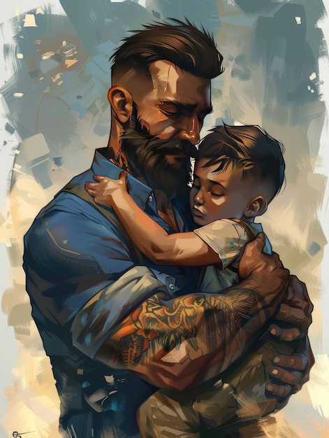 a man holding a child with a tattoo on his arm