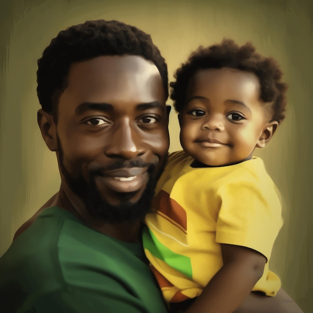 a man holding a child with a yellow shirt that says  the word  on it