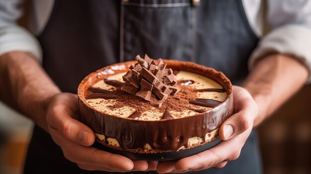 A man holding a chocolate cake with chocolate on top