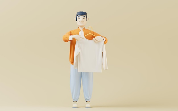 Photo a man holding clothes with yellow background 3d rendering computer digital drawing