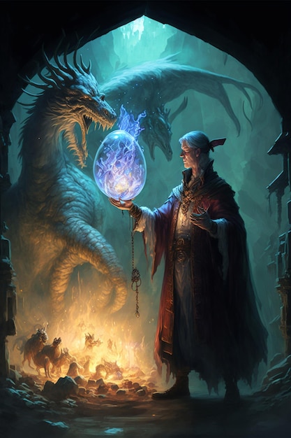 Man holding a crystal ball in front of a dragon generative ai