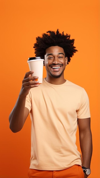 a man holding a cup of coffee and a drink in his hand