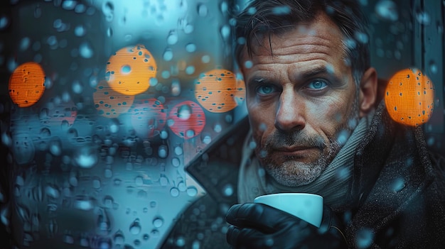 Man Holding a Cup Looking Out a Window During a Rainy Night