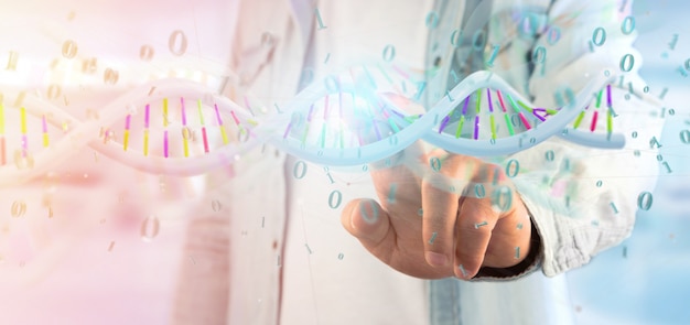 Man holding a  data coded Dna with binary file around