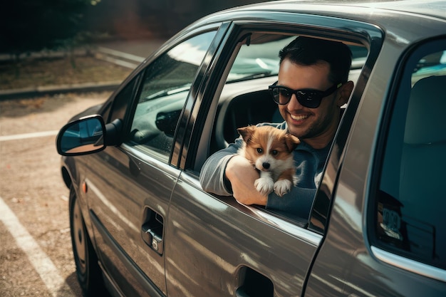 a man holding a dog in a car with a dog on the window