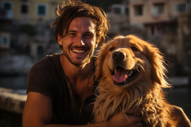 A man holding a dog in front of a body of water Imaginary AI picture