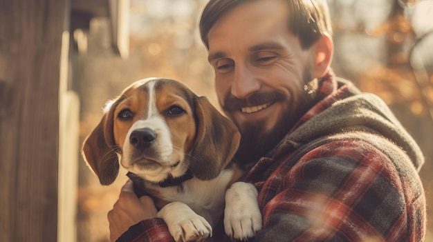 A man holding a dog in his arms