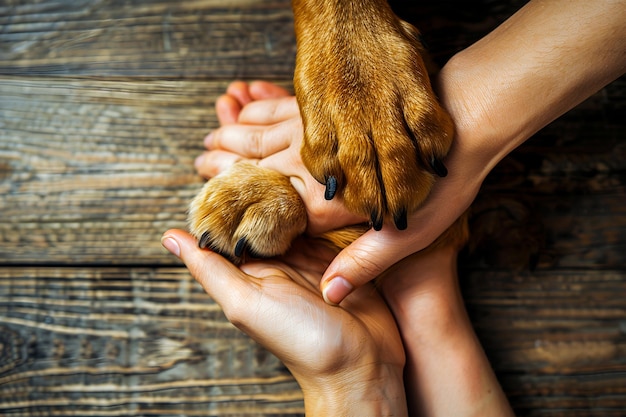 Photo man holding dogs paw with a heart shaped mark on its fur symbolizing love and friendship