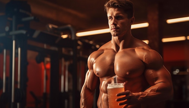 a man holding a drink and a drink in a gym