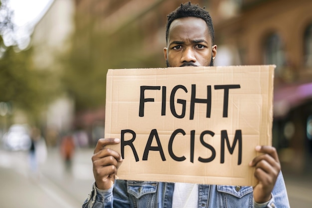 Photo man holding fight racism quote cardboard