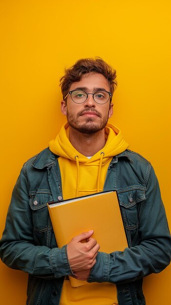 Photo man holding file on yellow background with glasses