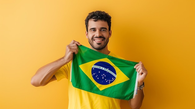 Man Holding Flag of Brazil