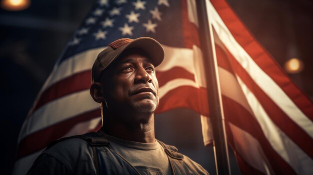 Man Holding Flag in Front of American Flag