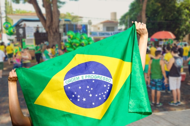 Man holding flag at street demonstration in Brazil.