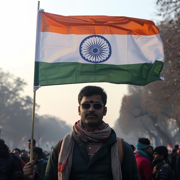 a man holding a flag that says quot india quot on it