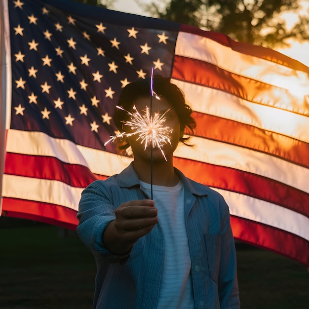 a man holding a flag with the stars on it