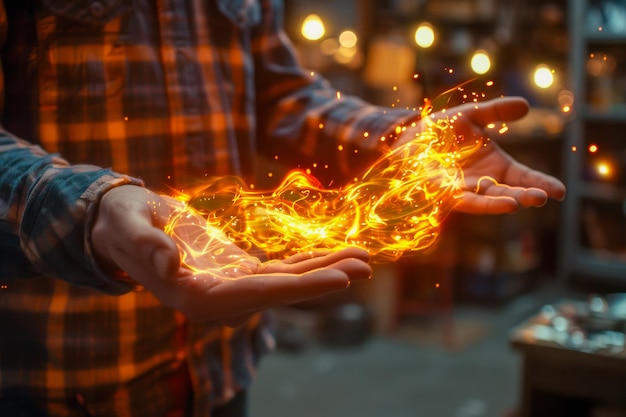 Man Holding Flaming Fireball in Hands with Sparkling Lights in Blurred Background Advanced Magic