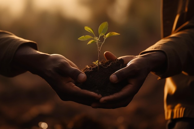 A man holding a freshly planted seedling symbolizing growth