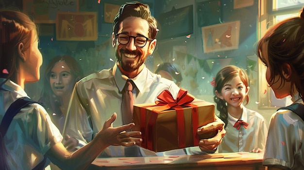 a man holding a gift with a girl holding it and a girl holding a box that sayss quot happy birthda