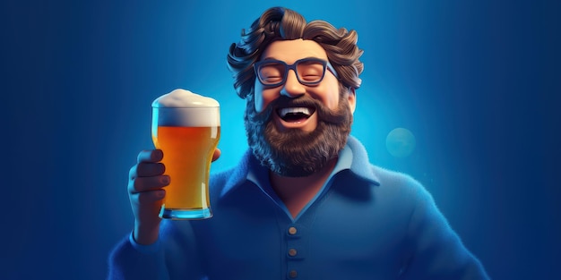 Man Holding Glass of Beer Blue Background International Beer Day Celebration Generative Ai