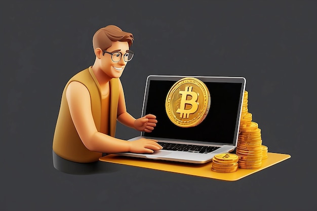 Man holding golden bitcoin under the Laptop out of the hand