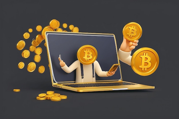 Man holding golden bitcoin under the Laptop out of the hand