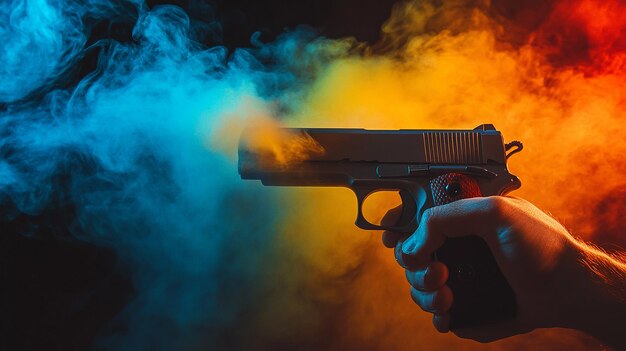 Photo man holding gun on black background with smoke