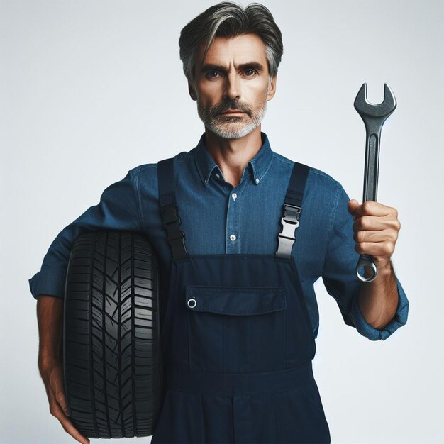 Photo a man holding a hammer and a tire that says he is holding it