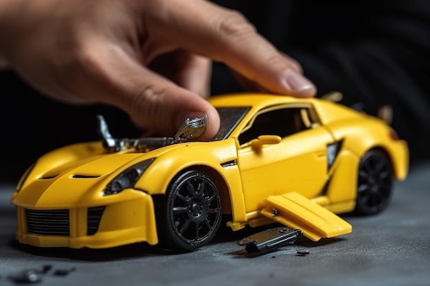 Man holding in hand a scaled model of broken yellow car concept of road car accident generative ai