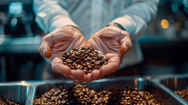 a man holding a handful of coffee beans that have a hand that says  coffee