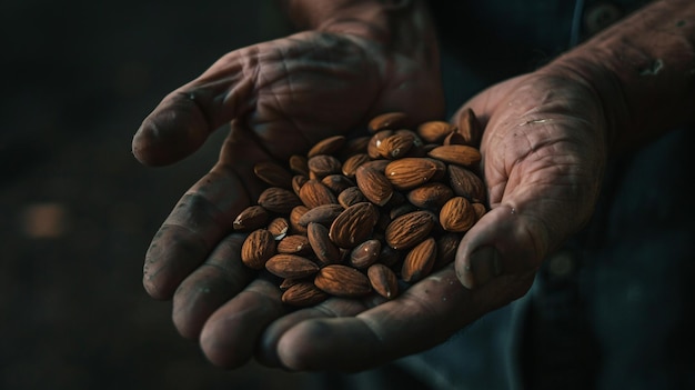 a man holding a handful of nuts that are being held in his hand