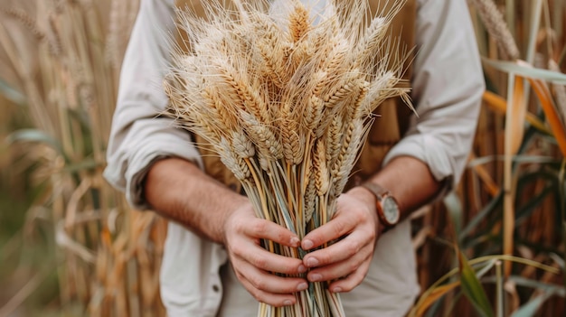 A man holding in his hands a bunch of ears of wheat the day of thanksgiving