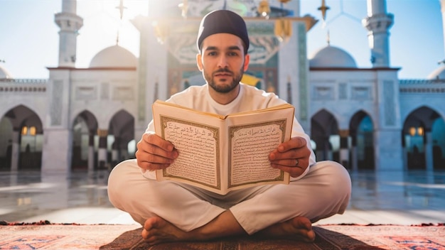 a man holding a holy Quran sits on a rug in front of a mosque