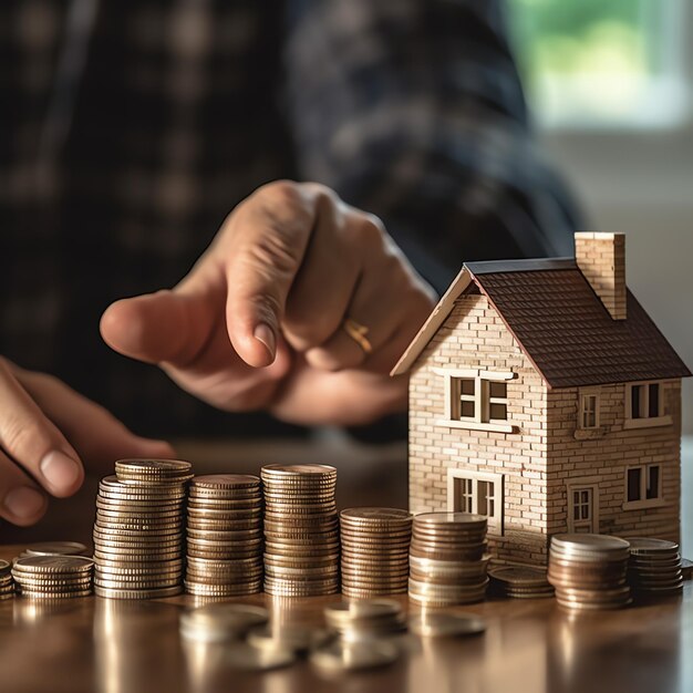 A man holding a house model in front of stacks of coins