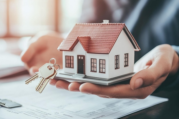 a man holding a house with a hand holding a house in the background