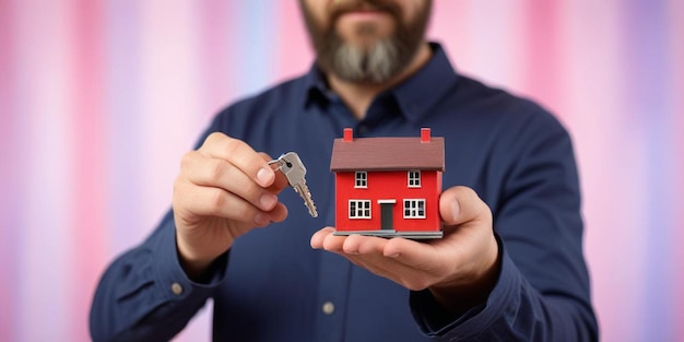 Photo a man holding a house with a house in the background