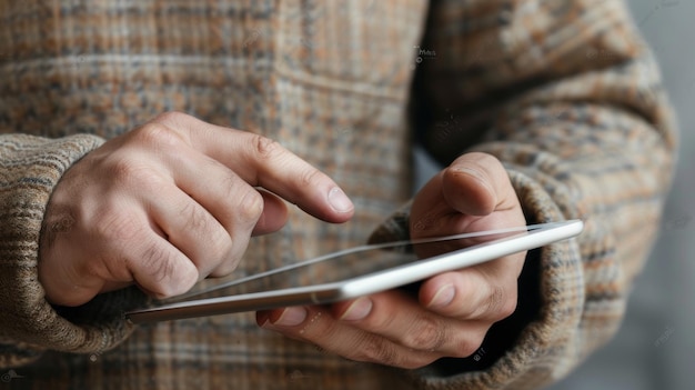 Photo a man holding an ipad and pointing at the screen