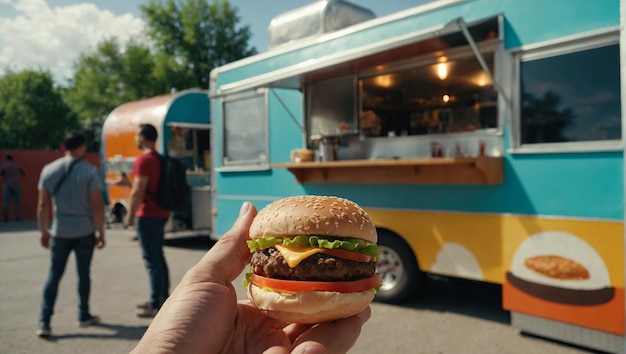 Photo man holding juicy hamburger with tomatoes and lettuce on the background of a bright orangeblue food truck