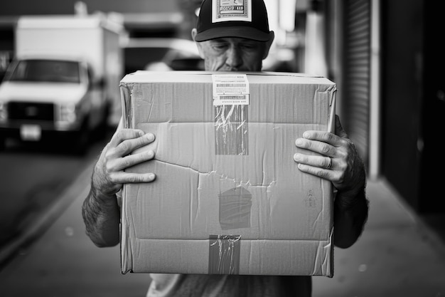 Photo a man holding a large box with a fragile sticker