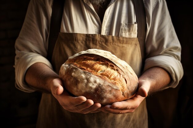 Photo a man holding a loaf of bread