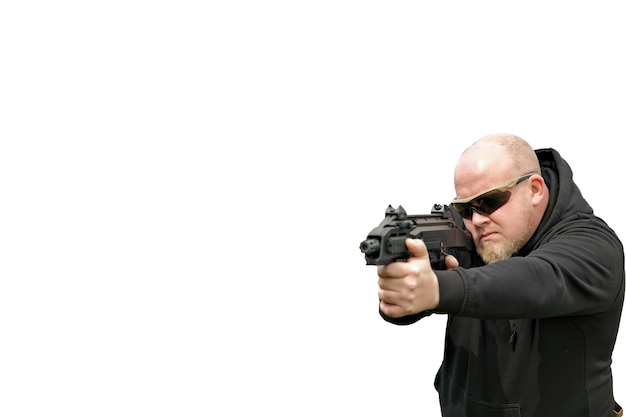 Man holding machine gun isolated photo on a white background