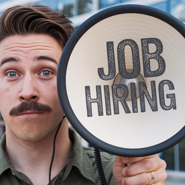 A man holding a megaphone sign that says job hiring