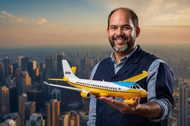 a man holding a model airplane in his hand