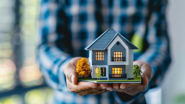 a man holding a model of a blue house with a house in the hands