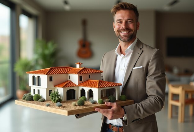 Photo a man holding a model of a house made by a guitar