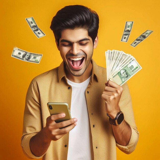 a man holding money and a phone with the background behind him